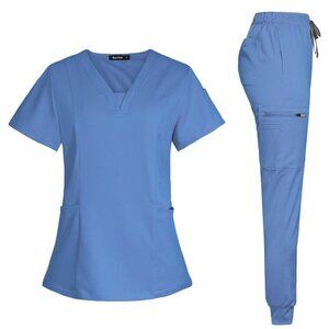 Blue Jogger Scrub Set with V-Neck Top